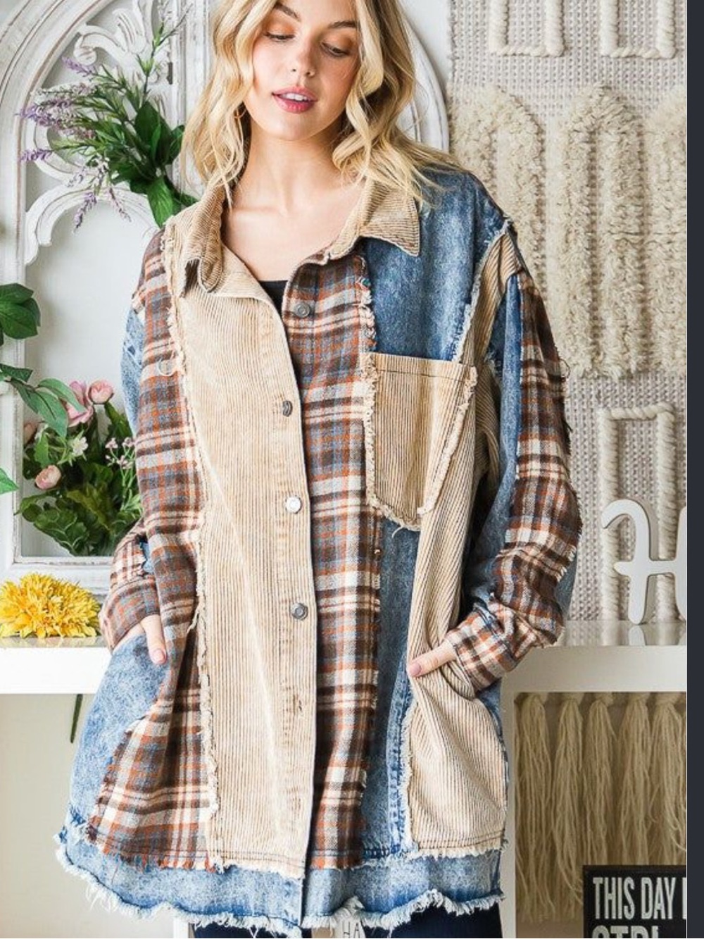 Oli & Hali XL Patchwork Shacket Flannel Corduroy Denim Boho Oversized Grunge
